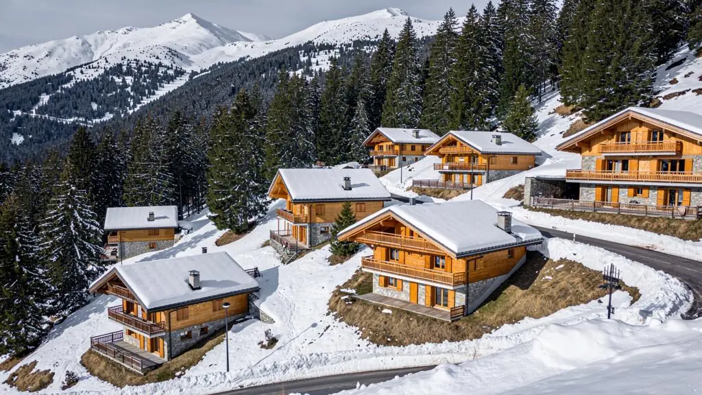 Vue d'ensemble de chalets traditionnels en bois dans un village de montagne français avec forêt de sapins et pentes enneigées