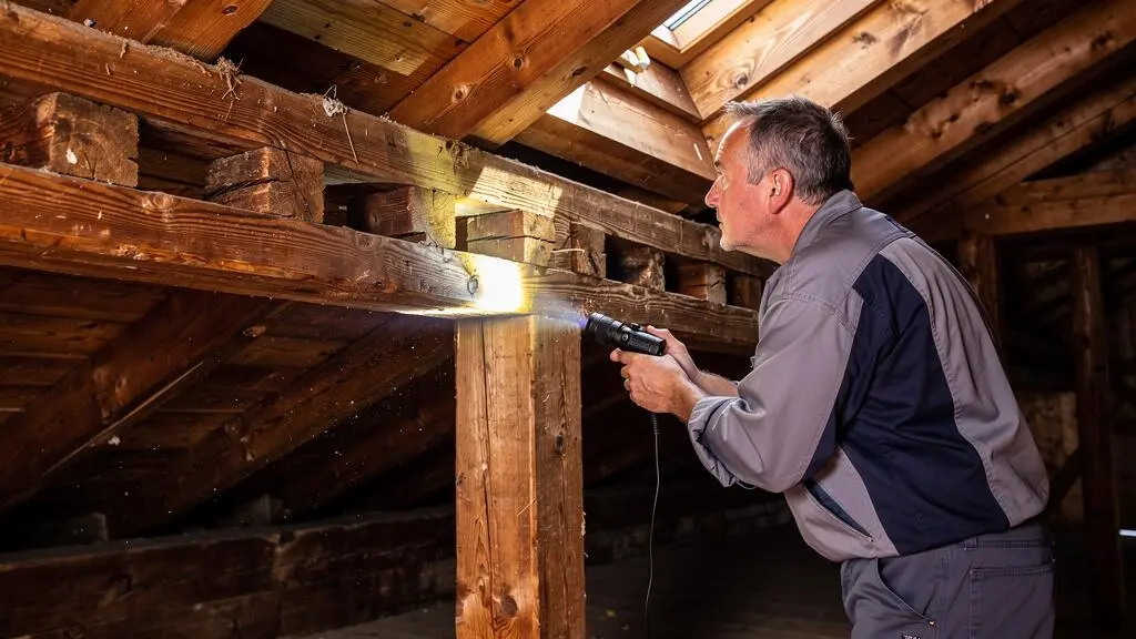 Inspecteur du bâtiment examinant la charpente en bois et les poutres dans les combles d'un chalet de montagne