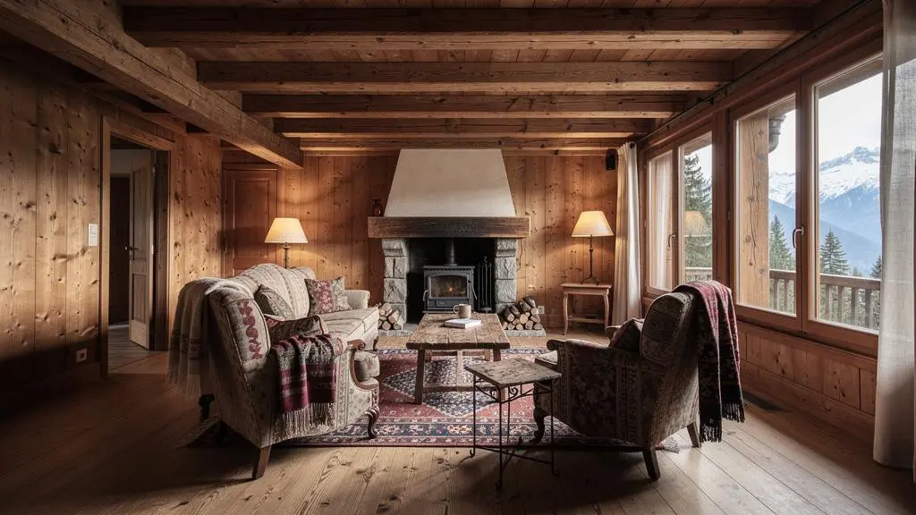 Intérieur d'un salon de chalet traditionnel avec boiseries naturelles, poutres apparentes et cheminée en pierre